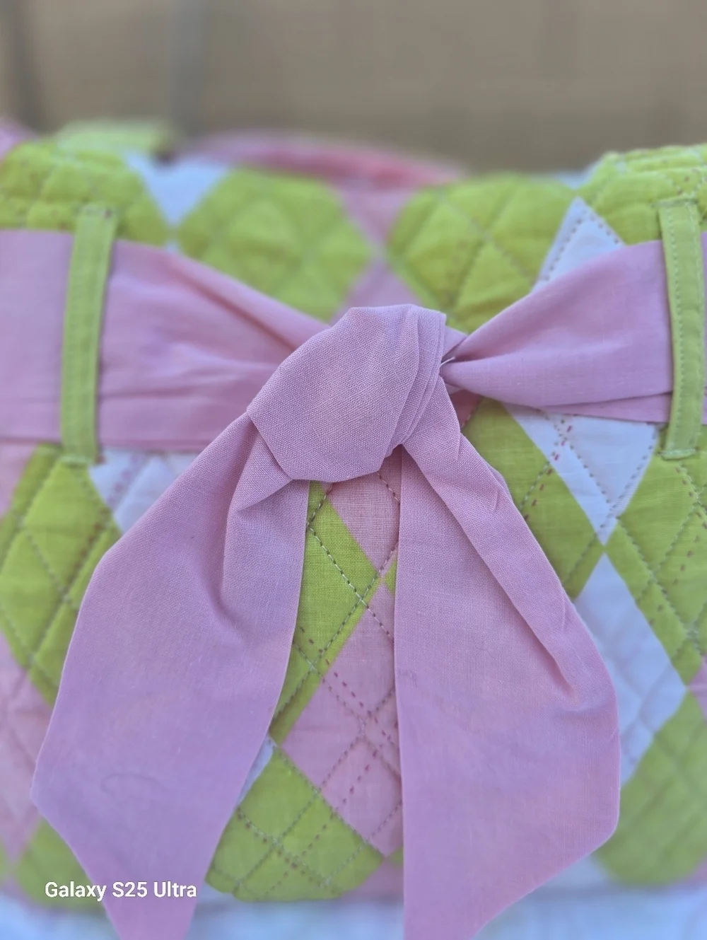C&F Home Argyle Prepster Tote – Quilted Pink & Lime Bow Bag